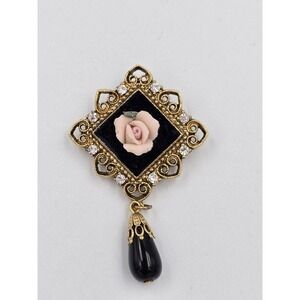 Vintage Gold Tone Porcelain Pink Rose Brooch Pin Fillagree Black Teardrop Dangle